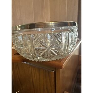 Vintage Crystal Cut Glass Bowl Geometric Pattern w/ Silver Plate Trim 8" across